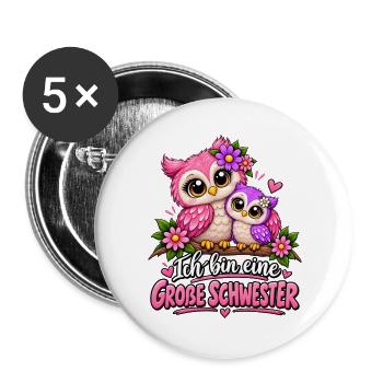 Süße Eule - Große Schwester Eule - Buttons groß 56 mm (5er Pack) - Weiß - Vorne