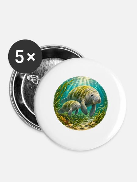 Manatee Mother and Calf Underwater  - Buttons groß 56 mm (5er Pack) - Weiß