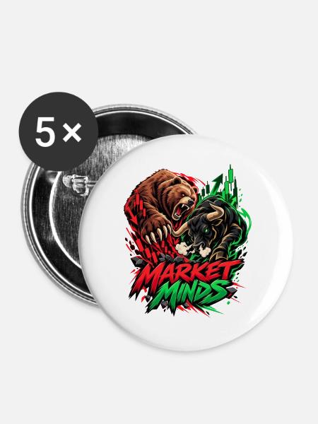 Markt Minds: Bullen vs Bären - Buttons groß 56 mm (5er Pack) - Weiß