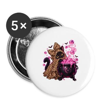 Leopardhexenkatze Pinkkessel - Buttons groß 56 mm (5er Pack) - Weiß - Vorne