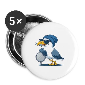 Coole Möwe mit Sonnenbrille und Fisch - Buttons groß 56 mm (5er Pack) - Weiß - Vorne