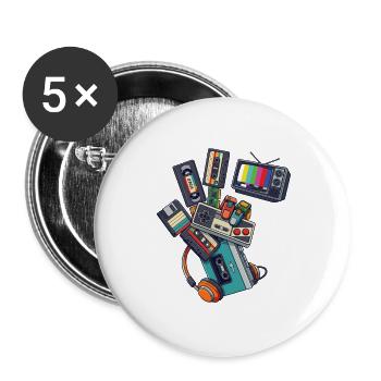 80er 90er Retro Technik & Gaming - Buttons groß 56 mm (5er Pack) - Weiß - Vorne
