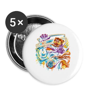 Drache DJ mit Boombox - Buttons groß 56 mm (5er Pack) - Weiß - Vorne