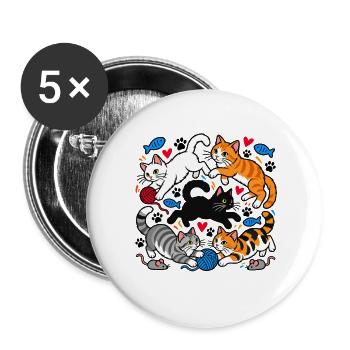 Cat Ferajna – Verrückte Katzen und ein Knäuel Wolle - Buttons groß 56 mm (5er Pack) - Weiß - Vorne