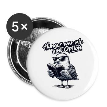 Coole Möve mit Buch "Hunger war nie eine Option"  - Buttons groß 56 mm (5er Pack) - Weiß - Vorne