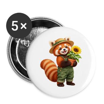 Roter Panda-Gärtner mit Sonnenblume - Buttons groß 56 mm (5er Pack) - Weiß - Vorne