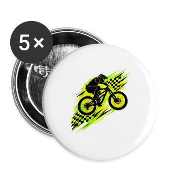 Mountainbike Downhill in Neongrün mit Rennflaggen - Buttons groß 56 mm (5er Pack) - Weiß - Vorne
