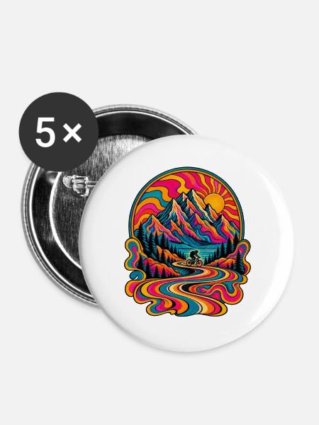 Psychedelische Berglandschaft Radfahrt 70er retro - Buttons groß 56 mm (5er Pack) - Weiß