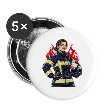 Feuerwehrfrau mit Helm und Flammen - Buttons groß 56 mm (5er Pack) - Weiß - Vorne