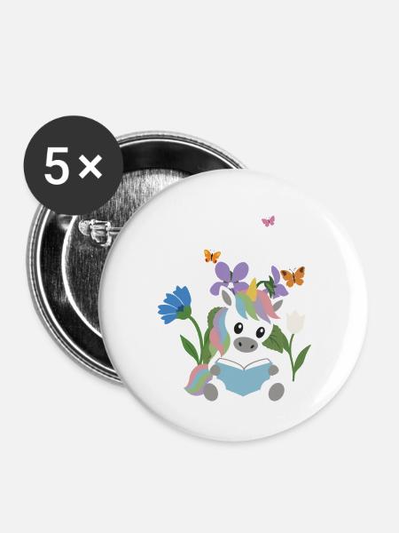 Veilchen · Garten · Bücher Einhorn · Schmetterling - Buttons groß 56 mm (5er Pack) - Weiß