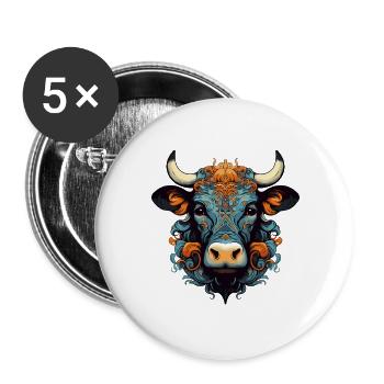 Stier Kopf Ornamente Bunt - Buttons groß 56 mm (5er Pack) - Weiß - Vorne