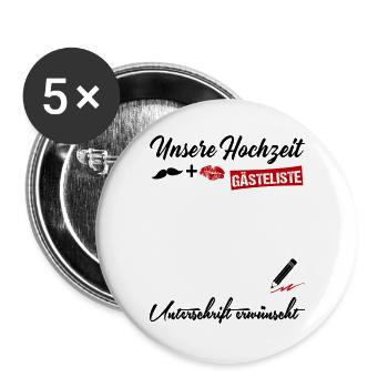 Gästeliste Gästebuch Unsere Hochzeit Married Braut - Buttons groß 56 mm (5er Pack) - Weiß - Vorne