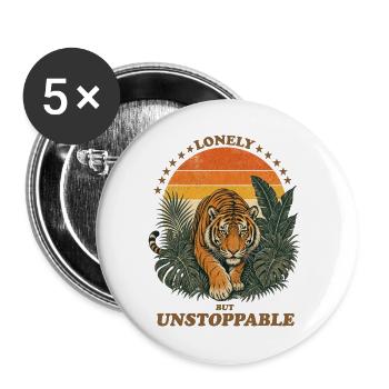 Lonely But Unstoppable - Retro Tiger - Buttons groß 56 mm (5er Pack) - Weiß - Vorne