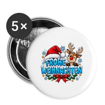 Frohe Weihnachten Süßes Rentier und Bommelmütze - Buttons groß 56 mm (5er Pack) - Weiß - Vorne