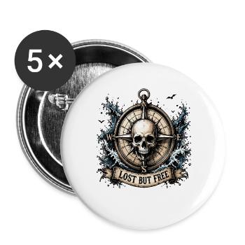  Lost But Free Totenkopf Kompass Nautik Abenteuer - Buttons groß 56 mm (5er Pack) - Weiß - Vorne