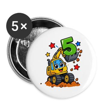 Bagger 5 Geburtstag Motiv - Buttons groß 56 mm (5er Pack) - Weiß - Vorne