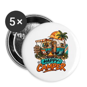Camping Happy Camper Wohnwagen Reisemobil Urlaub - Buttons groß 56 mm (5er Pack) - Weiß - Vorne