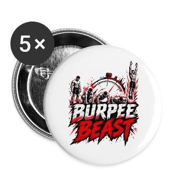 Burpee Beast – Fitness Workout mit Stoppuhr - Buttons groß 56 mm (5er Pack) - Weiß - Vorne