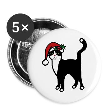 Weihnachtsmann-Katze mit Stechpalme - Buttons groß 56 mm (5er Pack) - Weiß - Vorne