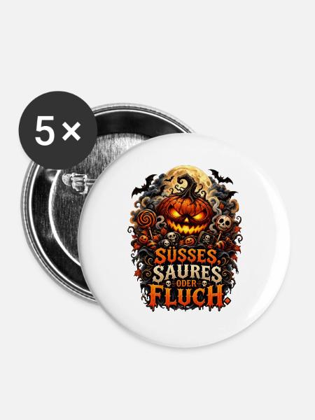 Süßes Saures oder Fluch Halloween - Buttons groß 56 mm (5er Pack) - Weiß