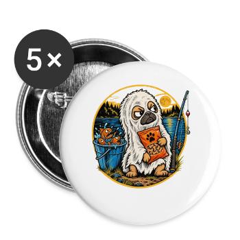 Halloween Mops im Lakenkostüm mit Leckerlis am - Buttons groß 56 mm (5er Pack) - Weiß - Vorne