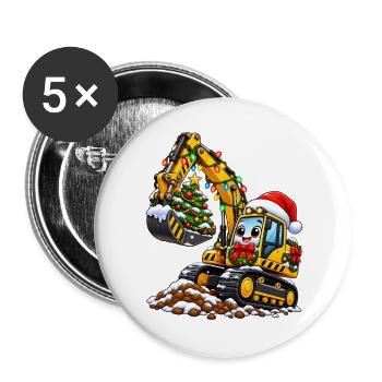 Weihnachtsbagger mit Baumzauber - Buttons groß 56 mm (5er Pack) - Weiß - Vorne