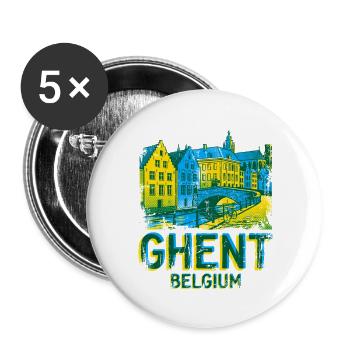 Vintage Illustrated Travel Poster Of Ghent Belgium - Buttons groß 56 mm (5er Pack) - Weiß - Vorne