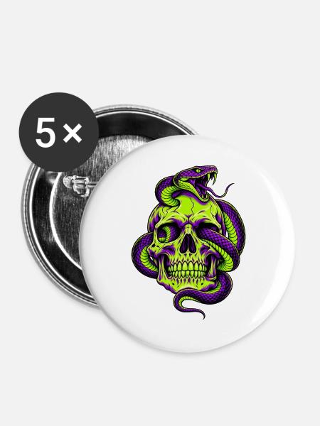Neon Schädel mit Schlange - Buttons groß 56 mm (5er Pack) - Weiß
