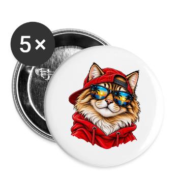 Coole Katze im roten Hoodie – Sunset Beach Vibes - Buttons groß 56 mm (5er Pack) - Weiß - Vorne