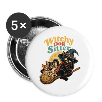 Halloween Hexenkatze Witchy Dog Sitter mit - Buttons groß 56 mm (5er Pack) - Weiß - Vorne
