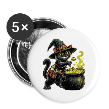 Halloween Hexenkatze werdender Papa mit Kessel - Buttons groß 56 mm (5er Pack) - Weiß - Vorne