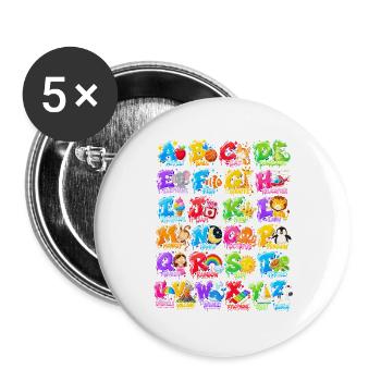 Buntes Tieralphabet für Kinder - Buttons groß 56 mm (5er Pack) - Weiß - Vorne