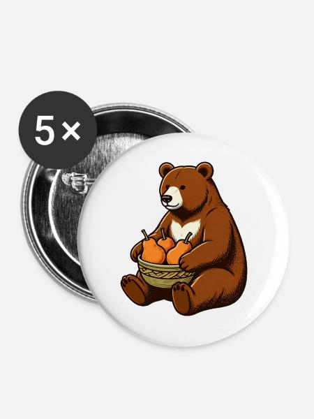 Bär mit Birnenkorb - Buttons groß 56 mm (5er Pack) - Weiß