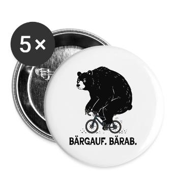 Bärgauf. Bärab. - Lustiger Gravel Bär - Buttons groß 56 mm (5er Pack) - Weiß - Vorne