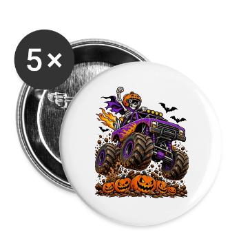 Skelett im Monstertruck: Halloween-Power - Buttons groß 56 mm (5er Pack) - Weiß - Vorne