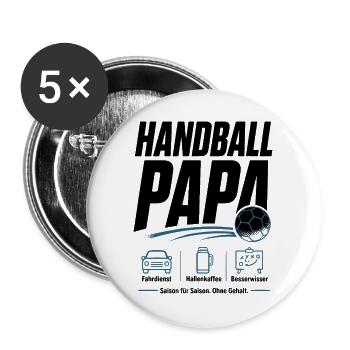 Handball Papa Shirt – Fahrdienst & Hallenkaffee - Buttons groß 56 mm (5er Pack) - Weiß - Vorne