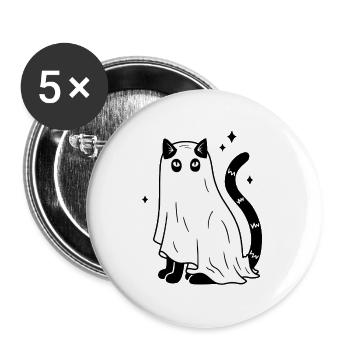 Halloween Katze Gespenst - SW mit Sternen - Buttons groß 56 mm (5er Pack) - Weiß - Vorne