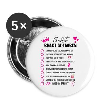 JGA Braut Checkliste Mädelsabend Party Motiv - Buttons groß 56 mm (5er Pack) - Weiß - Vorne