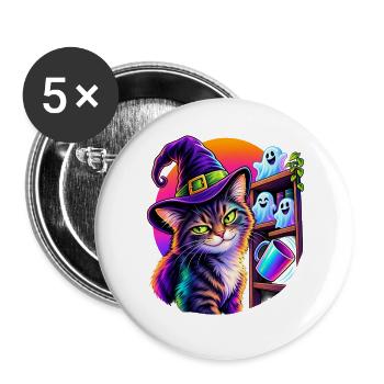 Halloween Katze mit Hexenhut und kippendem Objekt - Buttons groß 56 mm (5er Pack) - Weiß - Vorne