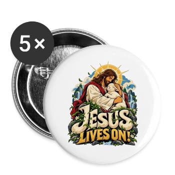 Jesus Lives On Lamm Natur - Buttons groß 56 mm (5er Pack) - Weiß - Vorne