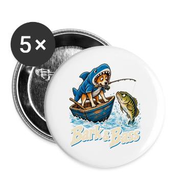 Bark & Bass Hund im Hai-Kostüm beim Angeln - Buttons groß 56 mm (5er Pack) - Weiß - Vorne