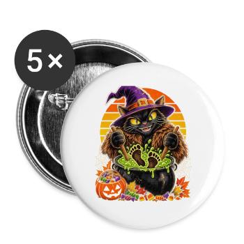 Hexenkatze im Hexenkessel Halloween - Buttons groß 56 mm (5er Pack) - Weiß - Vorne