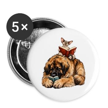 Leonberger & Devon Rex beim Lesen – Bücherfans - Buttons groß 56 mm (5er Pack) - Weiß - Vorne