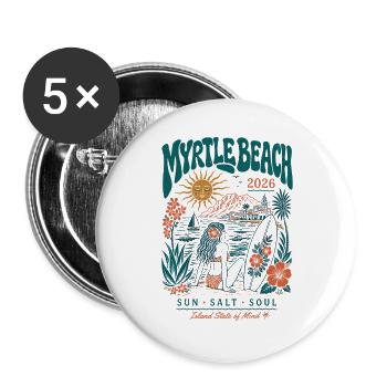 Myrtle Beach 2026 Surf & Sonne - Buttons groß 56 mm (5er Pack) - Weiß - Vorne