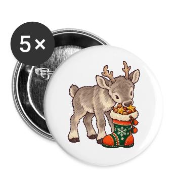 Rentier mit Weihnachtssocke - Buttons groß 56 mm (5er Pack) - Weiß - Vorne