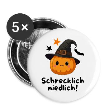 Schrecklich Niedlich – Süßer Halloween Kürbis  - Buttons groß 56 mm (5er Pack) - Weiß - Vorne