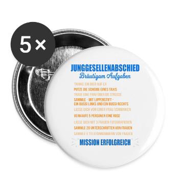 Junggesellenabschied Aufgaben Bräutigam Checkliste - Buttons groß 56 mm (5er Pack) - Weiß - Vorne