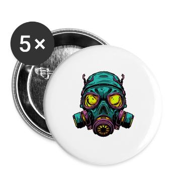Neon Gasmaske Kopfdesign - Buttons groß 56 mm (5er Pack) - Weiß - Vorne
