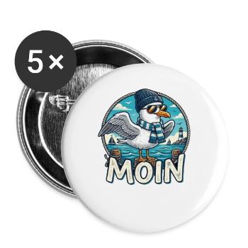 Moin Küsten-Seemöwe mit Schal & Mütze - Buttons groß 56 mm (5er Pack) - Weiß - Vorne