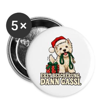 Weihnachtshund Erst Gassi - Buttons groß 56 mm (5er Pack) - Weiß - Vorne